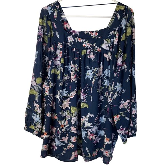 Terra & Sky Navy Floral Flowy Peasant Boho Cottage Boxy Longsleeve Top Plus 2X - Picture 1 of 6